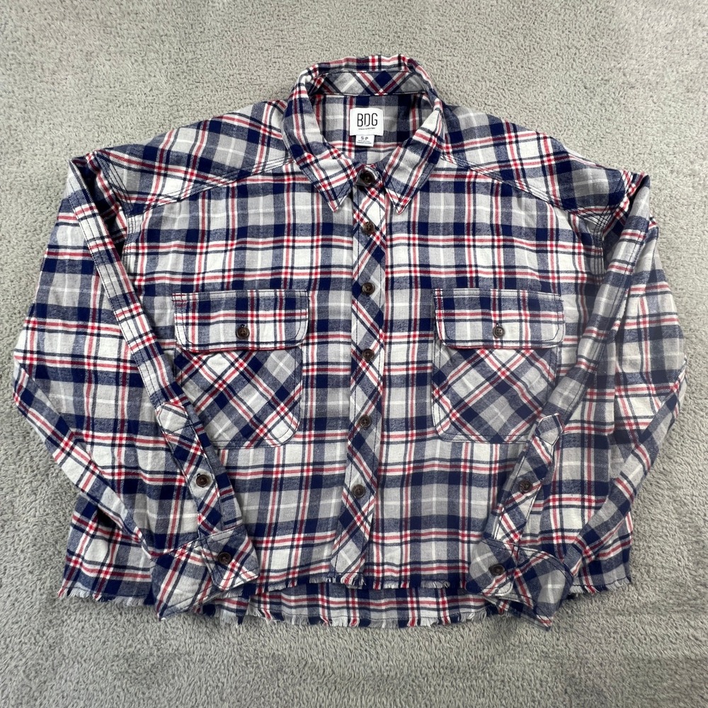 BDG Plaid‎ Flannel Shirt Womens Small Cropped Raw Hem Cotton Grunge Boho